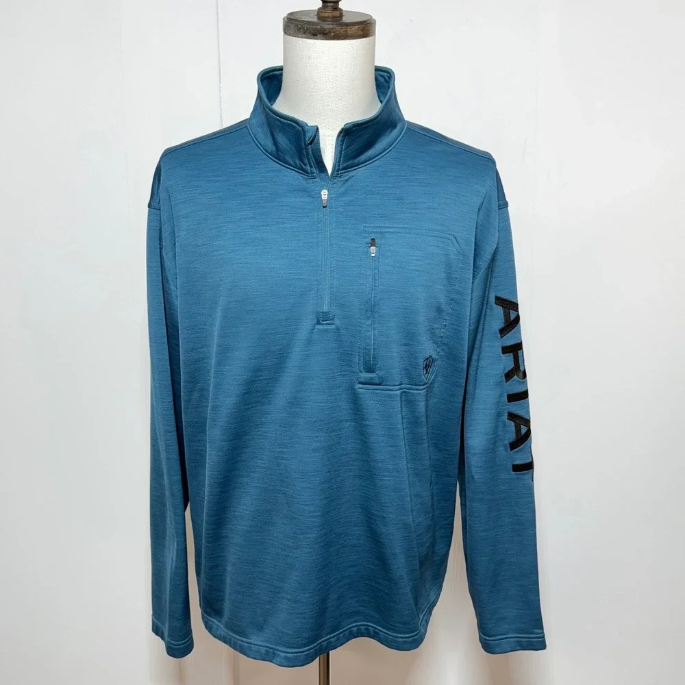 Ariat 1/4 Zip Pullover Mens XL Blue AriatTek Fleece Spellout Long Sleeve Shirt